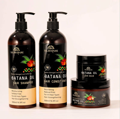 Solaris Pure Batana Oil hair care products including shampoo, conditioner, and balm on a white background.