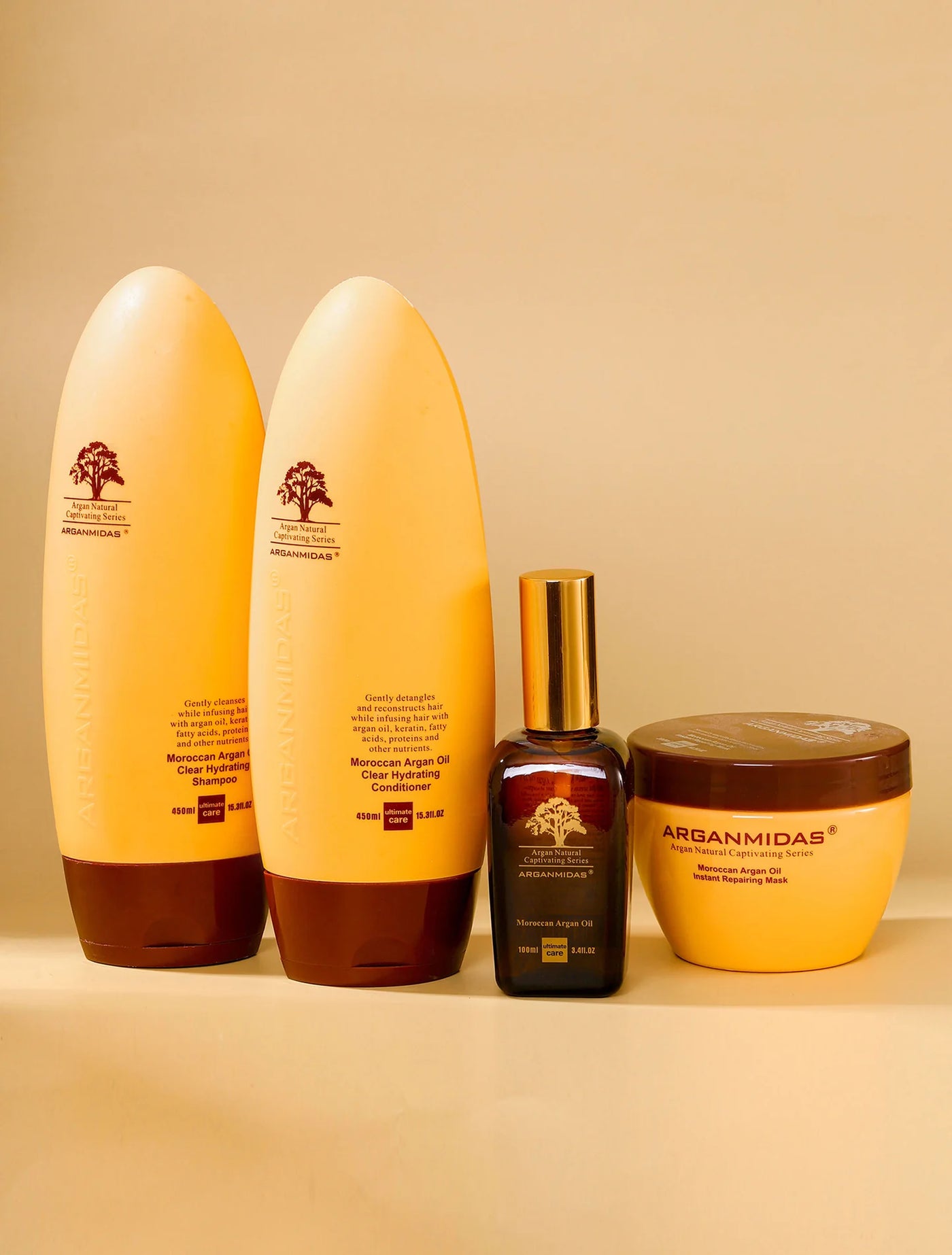 Set of Arganmilgas hair care products on a beige background