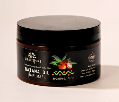 Black jar of Solarispure Batana Oil Hair Mask on a beige background