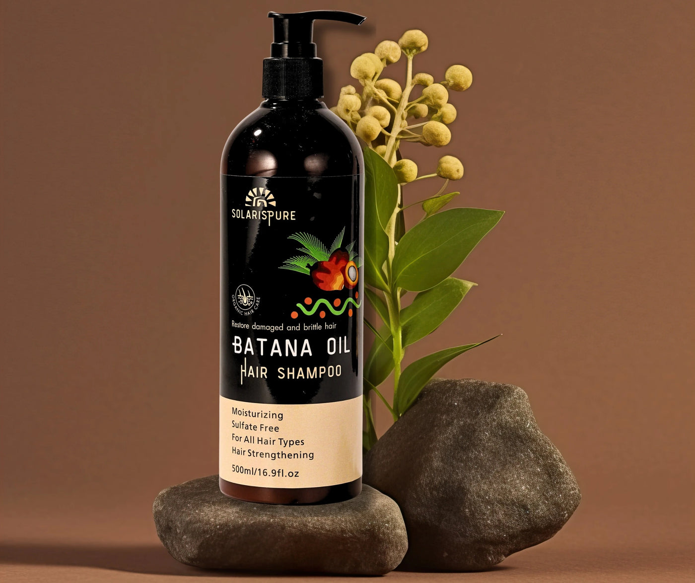 Black shampoo bottle with 'Solaris Pure' branding on a brown background with rocks and plants.