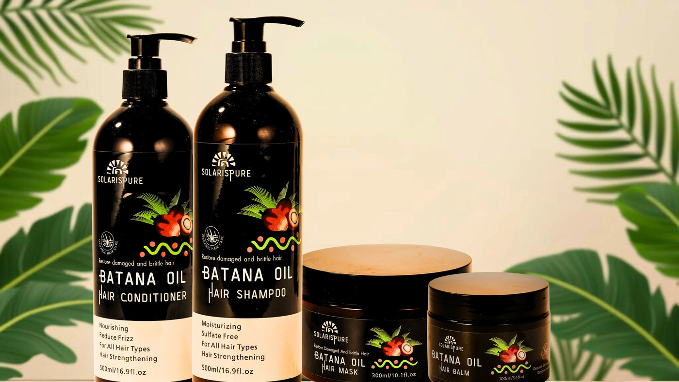 Sun&Nature Batana Oil hair care products with pump bottles and a jar on a leafy background