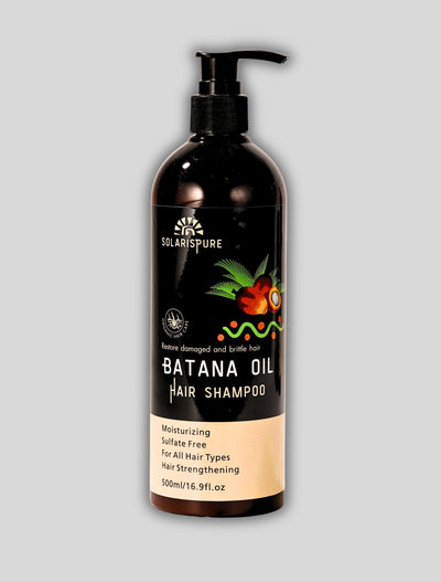 Solaris Pure Batana Oil Hair Shampoo bottle on a gray background