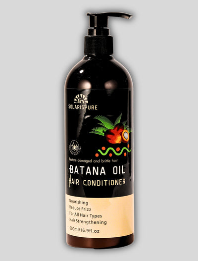 Solaris Pure Batana Oil Hair Conditioner bottle on a gray background